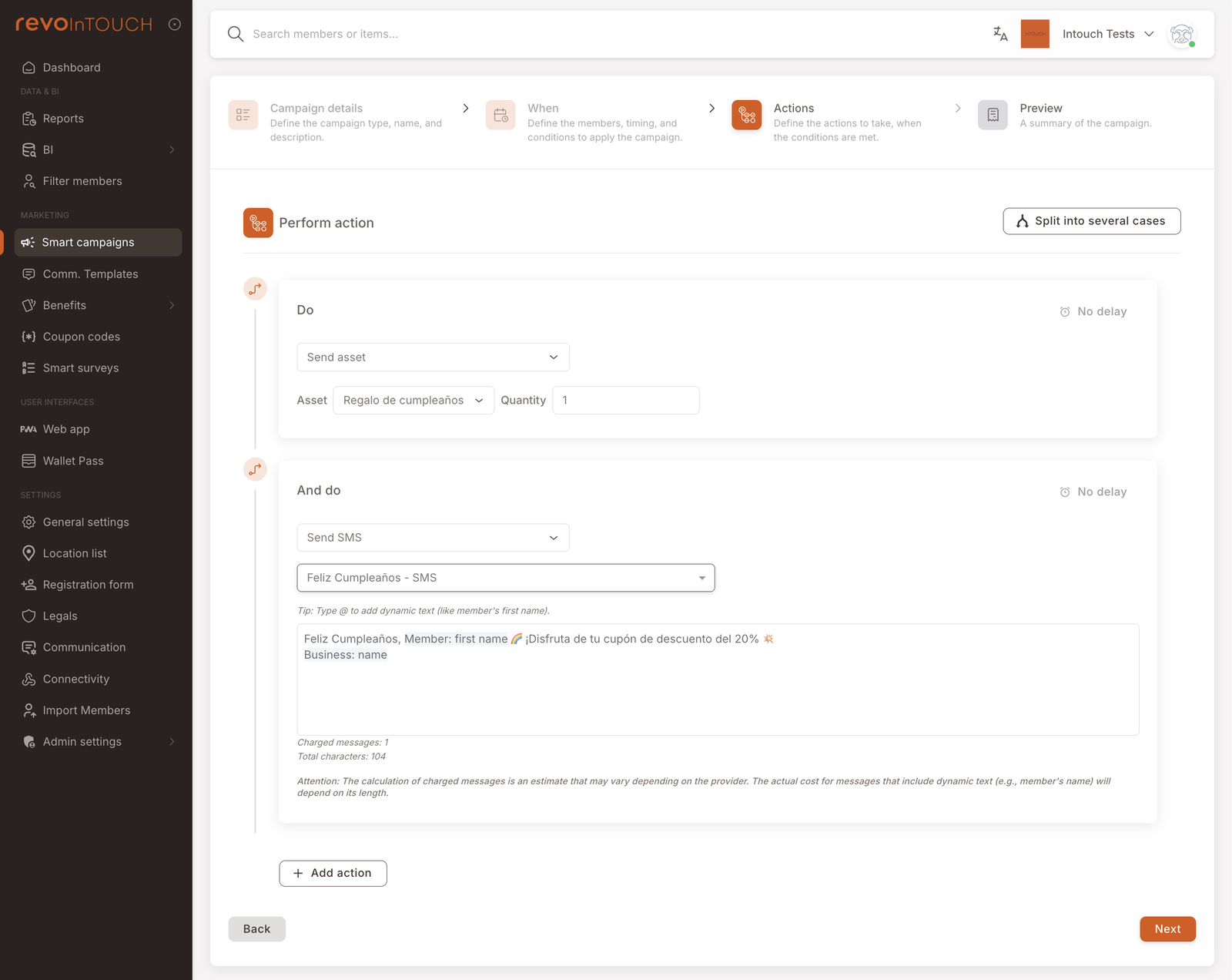 Step 3 — Actions with stacked Send asset (pointing at the birthday Gift) and Send SMS (pointing at the birthday SMS template)