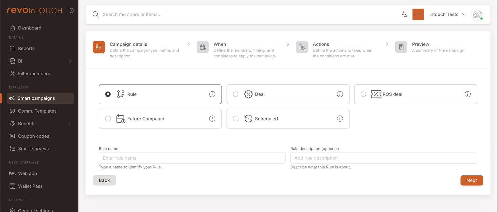 The Create-campaign step 1 modal showing the five-kind picker: Rule, Deal, POS deal, Future Campaign, Scheduled