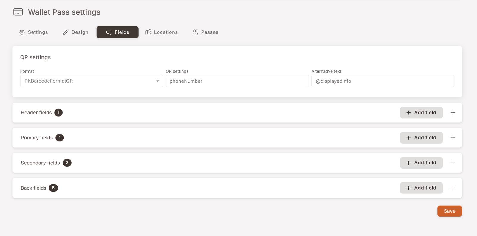 The Fields tab — QR settings panel (Format, QR settings, Alternative text) and four collapsible sections: Header fields (1), Primary fields (1), Secondary fields (2), Back fields (14)