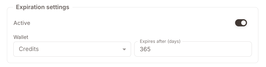 The Expiration settings block inside Payment settings: an Active toggle switched on, a Wallet dropdown set to Credits, and an "Expires after (days)" field set to 365.