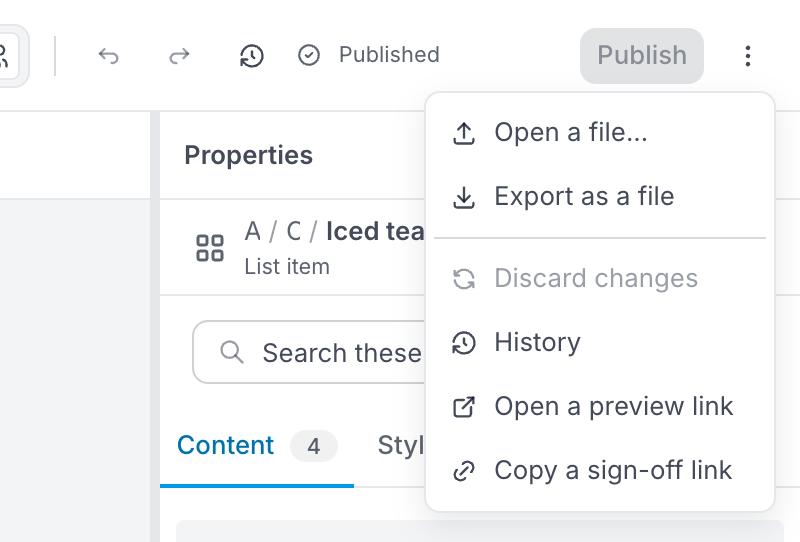 The ⋯ menu at the top right, including Discard changes, History, Open a preview link and Copy a sign-off link