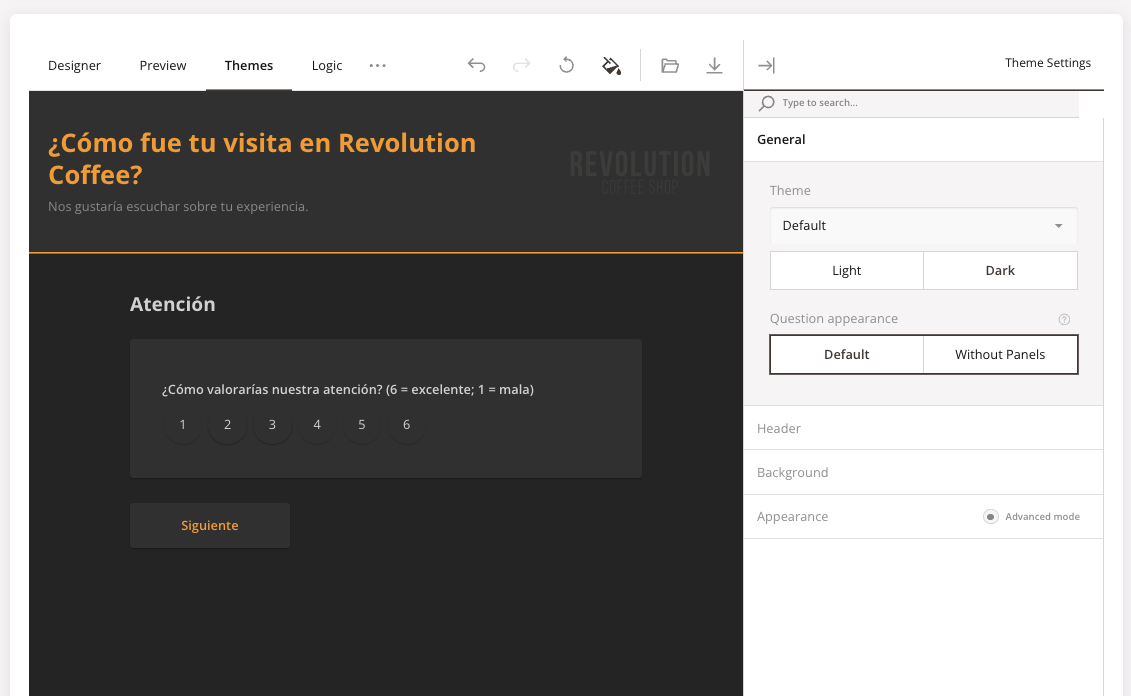 The Themes tab. Survey rendered with a custom dark theme and a brand header. Right rail shows Theme settings: Theme dropdown (Default), Light / Dark toggle, Question appearance (Default / Without Panels), Header / Background / Appearance collapsibles.