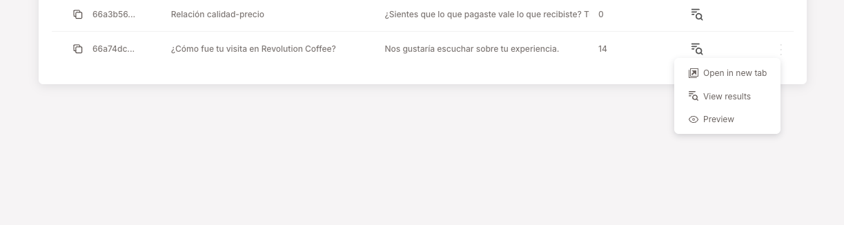 A survey row with the three-dots row-action menu opened, showing Open in new tab, View results, and Preview. The Results icon is visible alongside the three-dots in the rightmost area of the row.