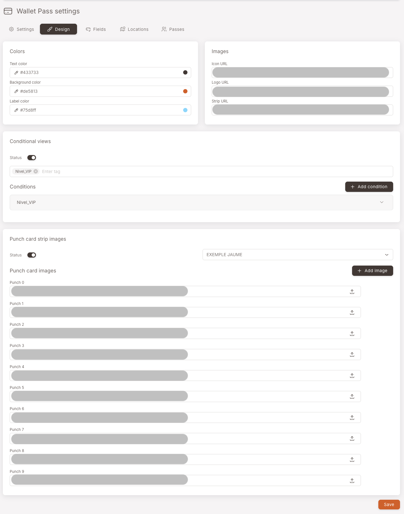 Der Design-Tab — Farben-Panel (Textfarbe, Hintergrundfarbe, Beschriftungsfarbe), Bilder-Panel (Icon URL, Logo URL, Strip URL), Bedingte-Ansichten-Panel (Status an, Nivel_VIP-Tag konfiguriert) und ein Stempelkarten-Strip-Bilder-Panel
