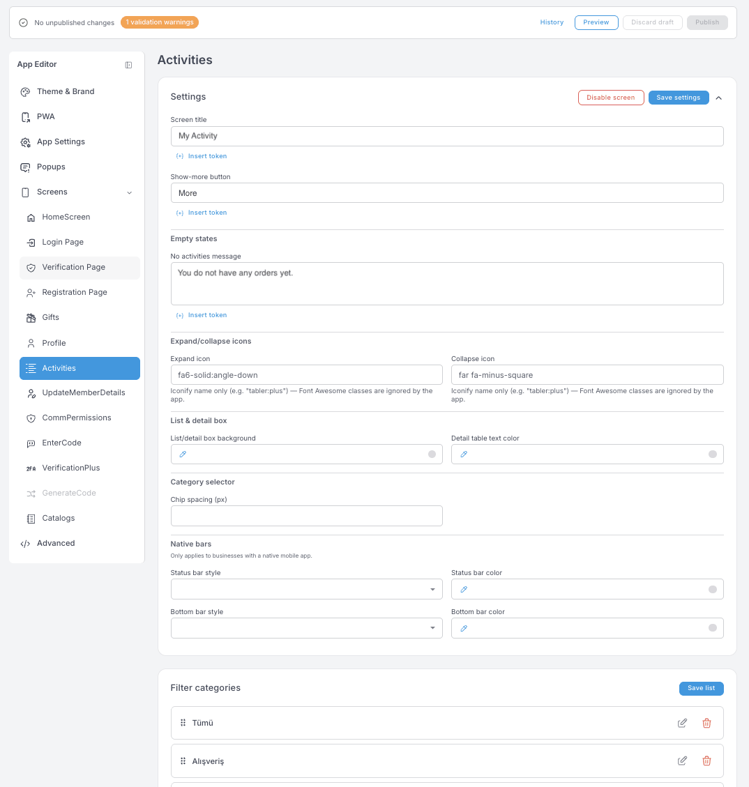 Einstellungen von Activities — Screen-Titel, Show-more button, Leerzustand, Icons zum Auf- und Zuklappen, Styling von Liste und Detailbox sowie eine Liste der Filter categories