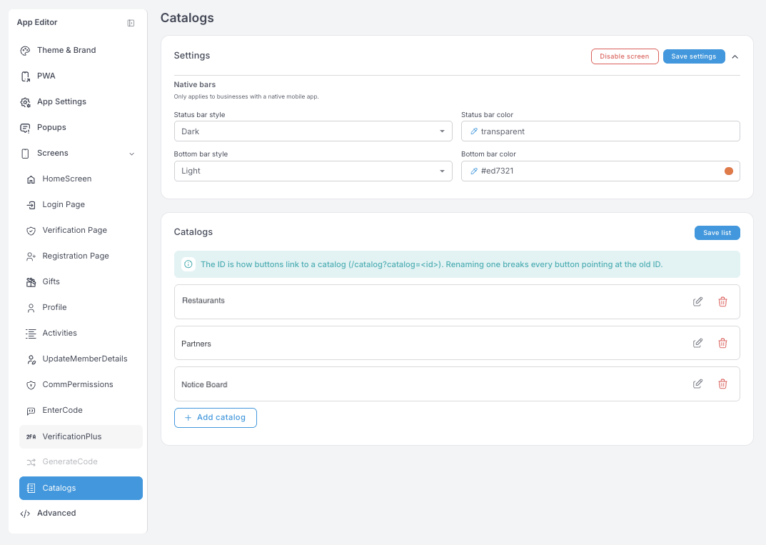 Einstellungen von Catalogs — Native bars und eine Catalogs-Liste mit Restaurants, Partners und Notice Board