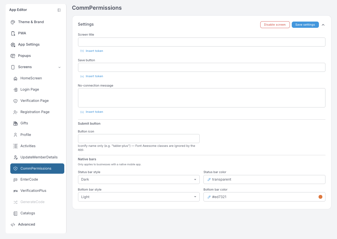 Einstellungen von CommPermissions — Screen-Titel, Speichern-Button, No-connection-Meldung und ein Icon-Feld für den Submit-Button