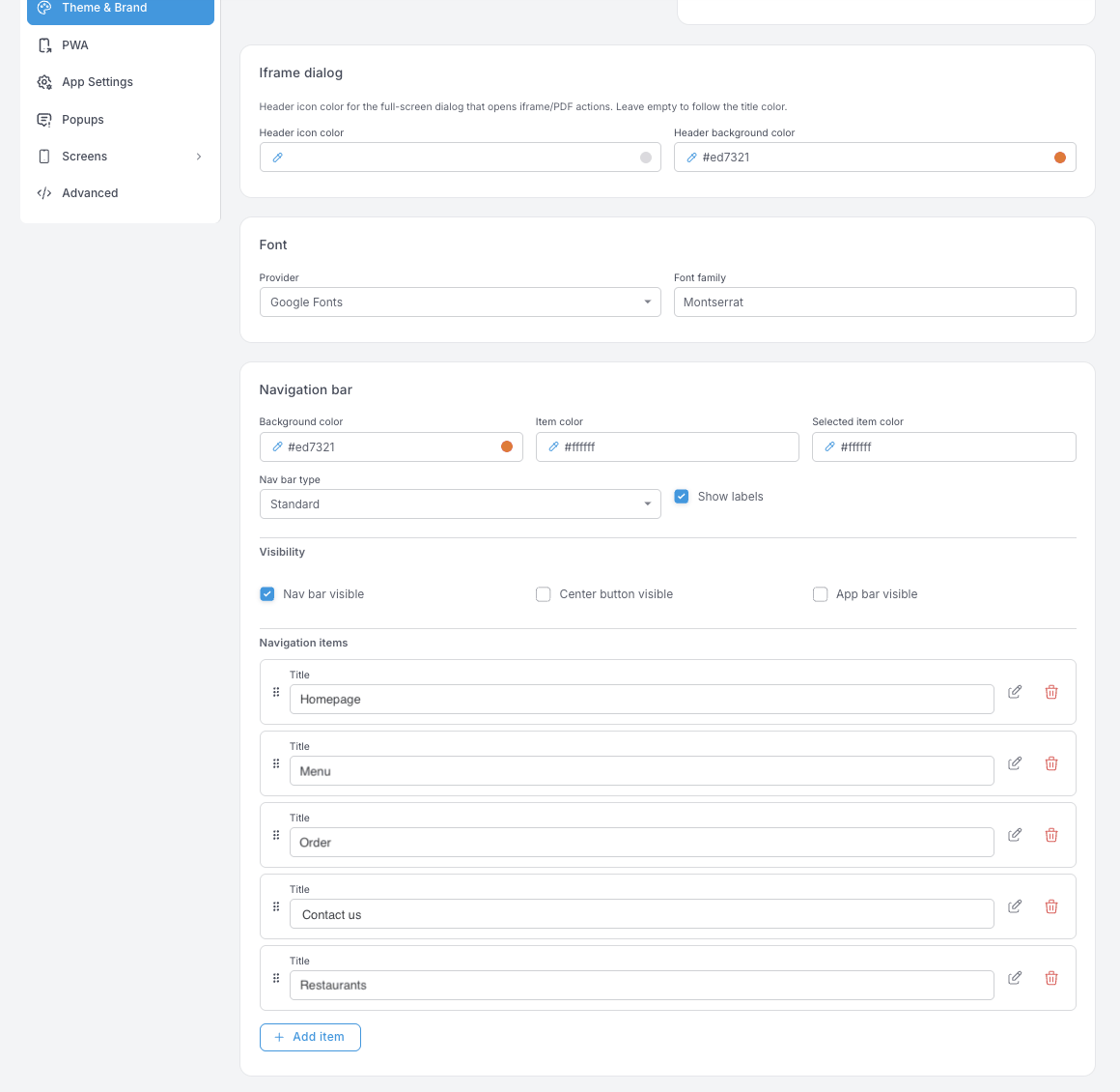 Block Navigation bar — Hintergrundfarbe, Farben für Einträge und ausgewählte Einträge, Nav bar type, Show labels, drei Visibility-Checkboxen und eine sortierbare Liste der Navigation items