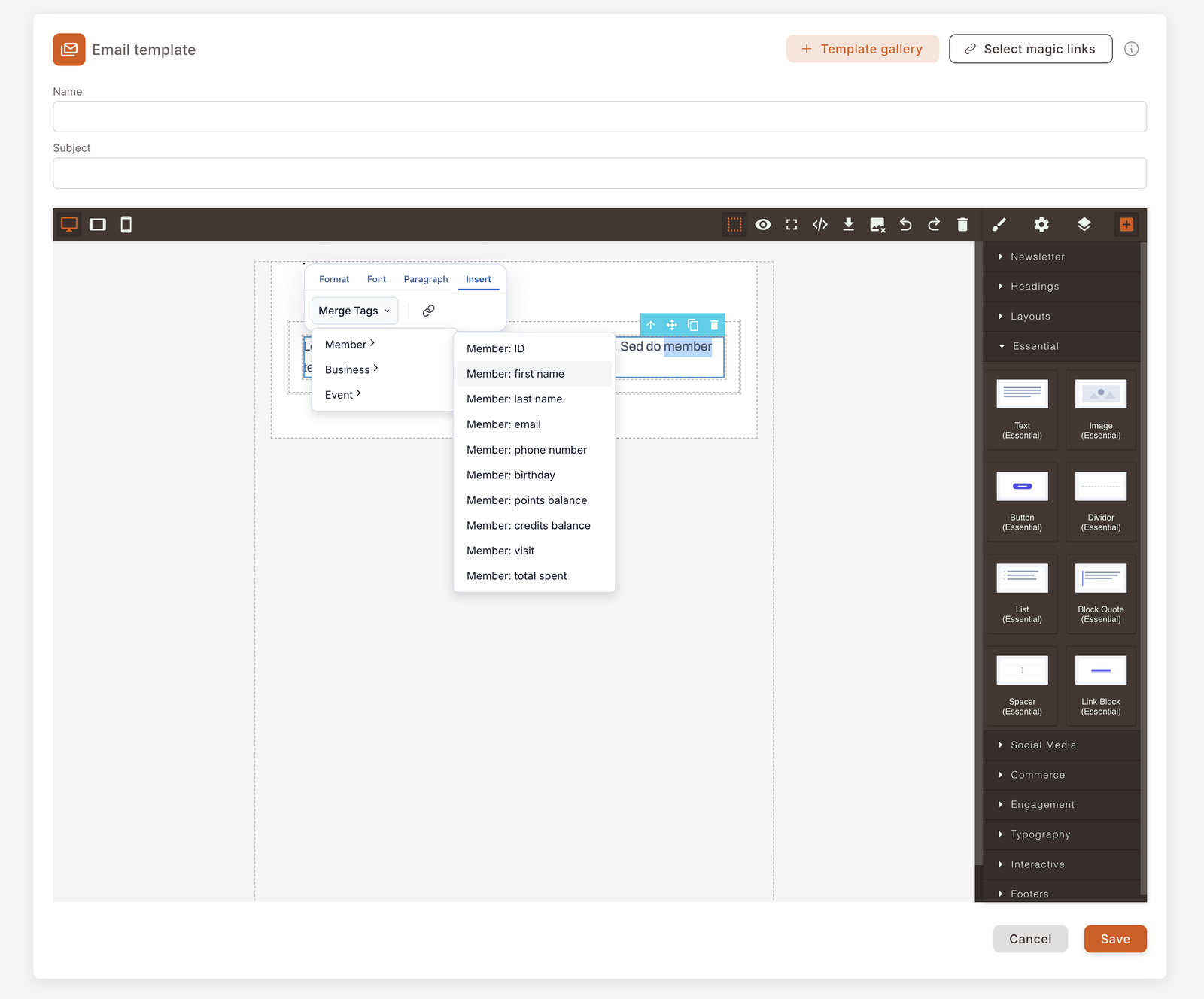 Der E-Mail-Vorlagen-Editor mit einem ausgewählten Textelement. Die Inline-Rich-Text-Toolbar zeigt den Tab Insert geöffnet und das Dropdown Merge Tags ist in drei Gruppen aufgeklappt — Member, Business, Event. Die Gruppe Member ist mit dem Mauszeiger angewählt und zeigt ihre Felder: ID, Vorname, Nachname, E-Mail, Telefonnummer, Geburtstag, Punktestand, Guthabenstand, Besuch, Gesamtausgaben.