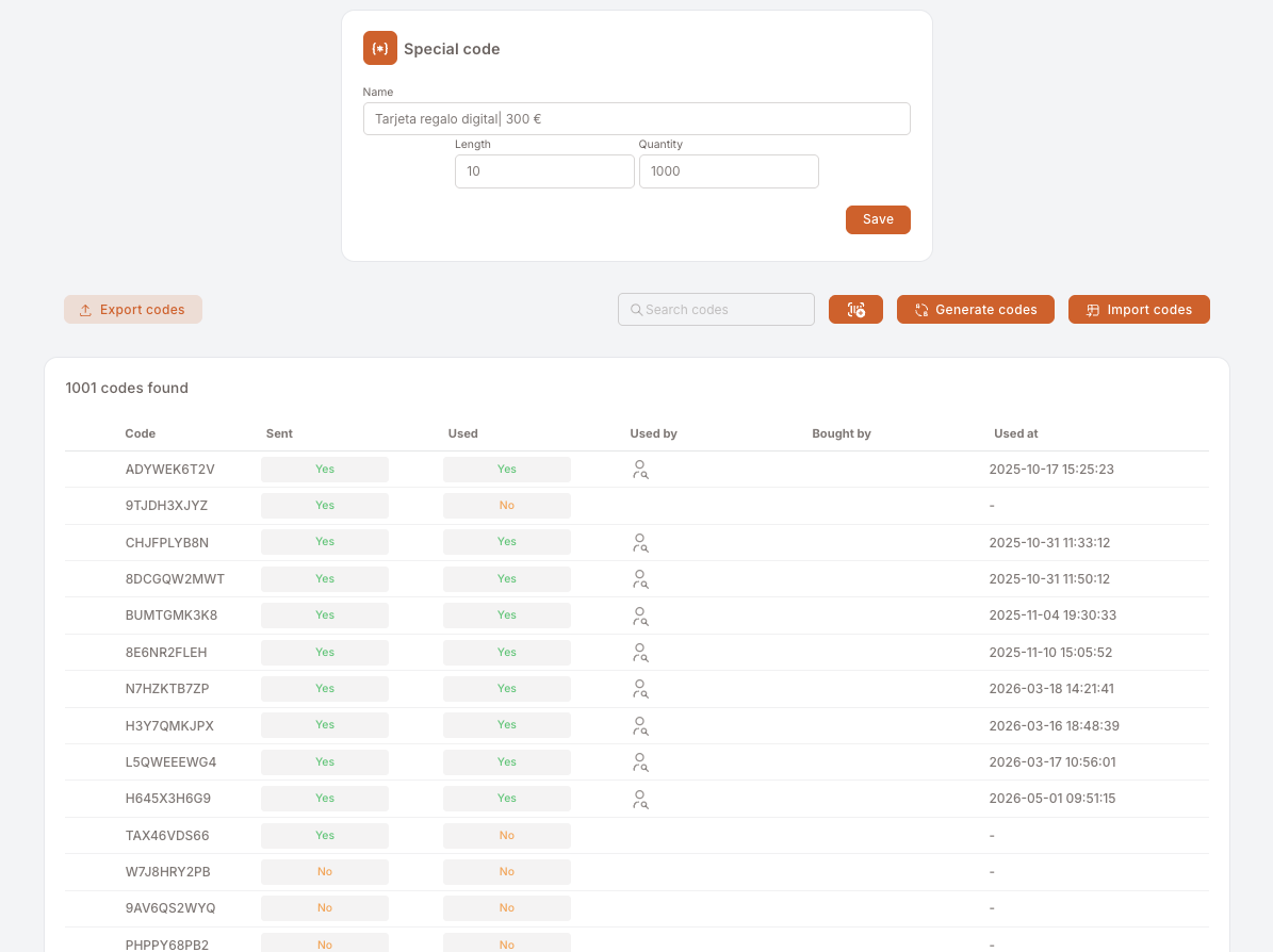 La vista de detalle de un registro de código de cupón (Tarjeta regalo digital | 300 €). Arriba: un formulario "Special code" con Name, Length 10 y Quantity 1000, más un botón Save. Debajo: botones de acción — Export codes, Generate codes, Import codes. Debajo: "1001 codes found" con una tabla — Code (p. ej. ADYWEK6T2V, 9TJDH3XJYZ, CHJFPLYB8N, …), Sent (Yes / No), Used (Yes / No), Used by (icono de miembro), Bought by, Used at (marca de tiempo).
