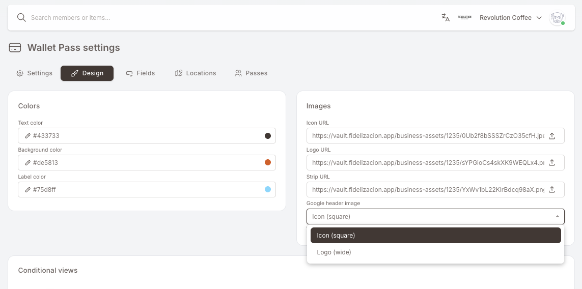 El panel Imágenes de la pestaña Diseño — campos Icon URL, Logo URL y Strip URL, con el desplegable Google header image abierto debajo mostrando las dos opciones: Icon (square) y Logo (wide)
