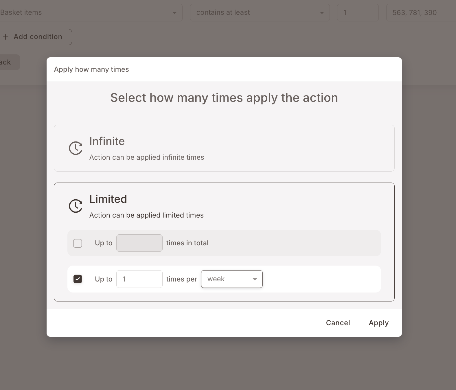 Modal Aplicar cuántas veces con Limitada seleccionada, Hasta 1 vez por semana marcado