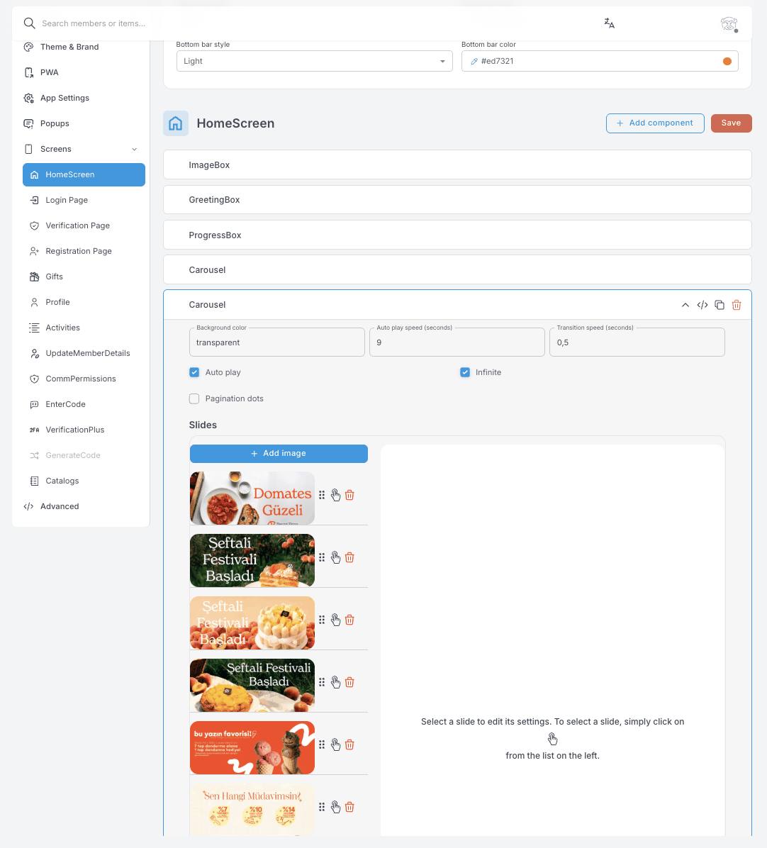 Un componente Carousel desplegado — color de fondo, velocidad de Auto play, Transition speed, las opciones Auto play, Infinite y Pagination dots, y una lista reordenable de miniaturas de diapositivas