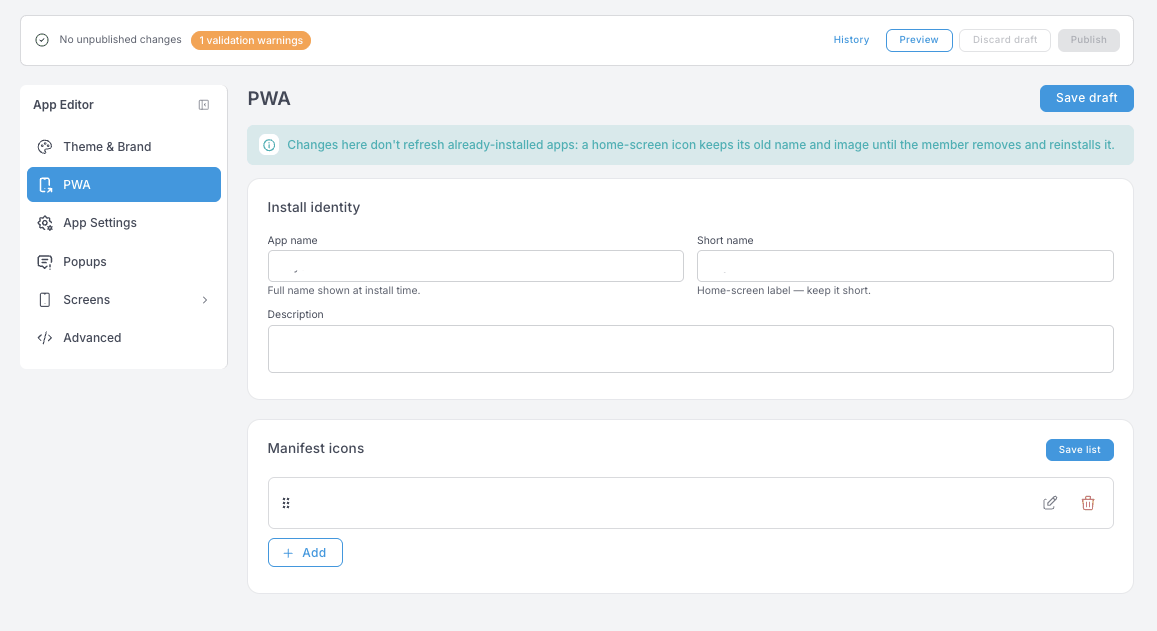 Panel PWA — Install identity con App name, Short name y Description, además de una lista de Manifest icons