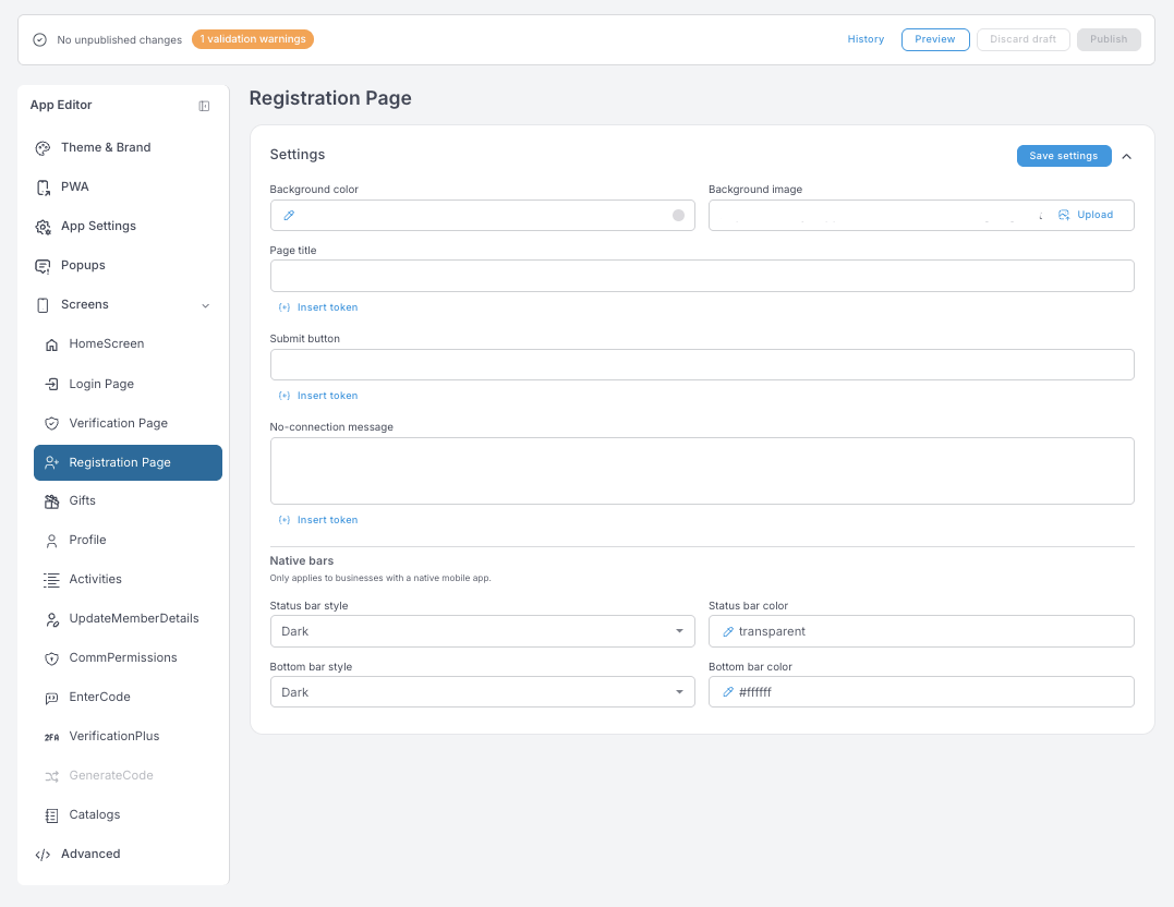 Ajustes de Registration Page — fondo, título de página, botón de envío y mensaje No-connection