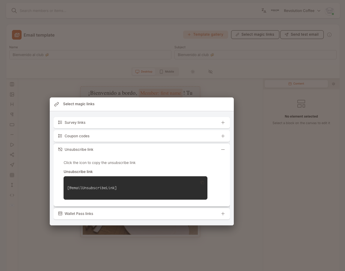 El mismo selector con la sección Enlace de baja desplegada. Dice "Click the icon to copy the unsubscribe link" sobre un campo "Unsubscribe link" que muestra el valor [@emailUnsubscribeLink] con un icono para copiar.