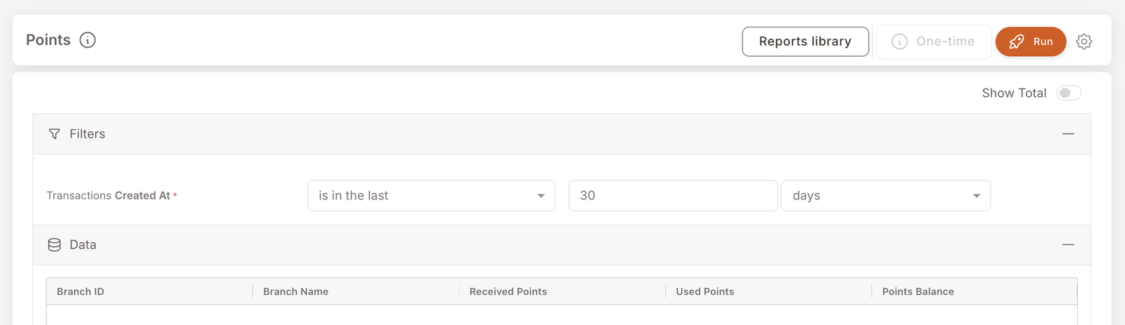 Informe de Puntos. Filtro: Transactions Created At is in the last 30 days. Encabezados de tabla de datos visibles: Branch ID, Branch Name, Received Points, Used Points, Points Balance. El área de datos está vacía en esta captura — el programa o no concede puntos o no ha habido actividad de puntos en el período.