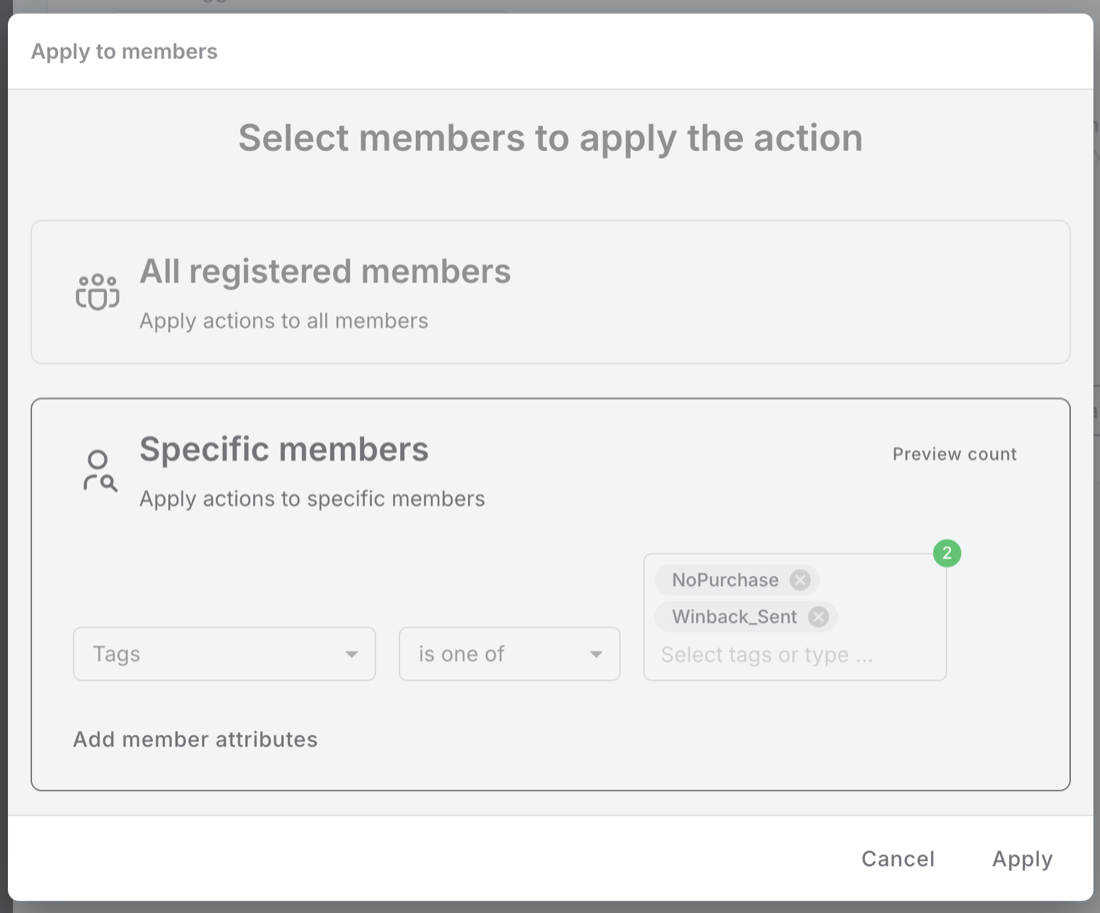El selector Aplicar a miembros de la Regla, con Miembros específicos seleccionado y una fila: Etiquetas es uno de NoPurchase y Winback_Sent