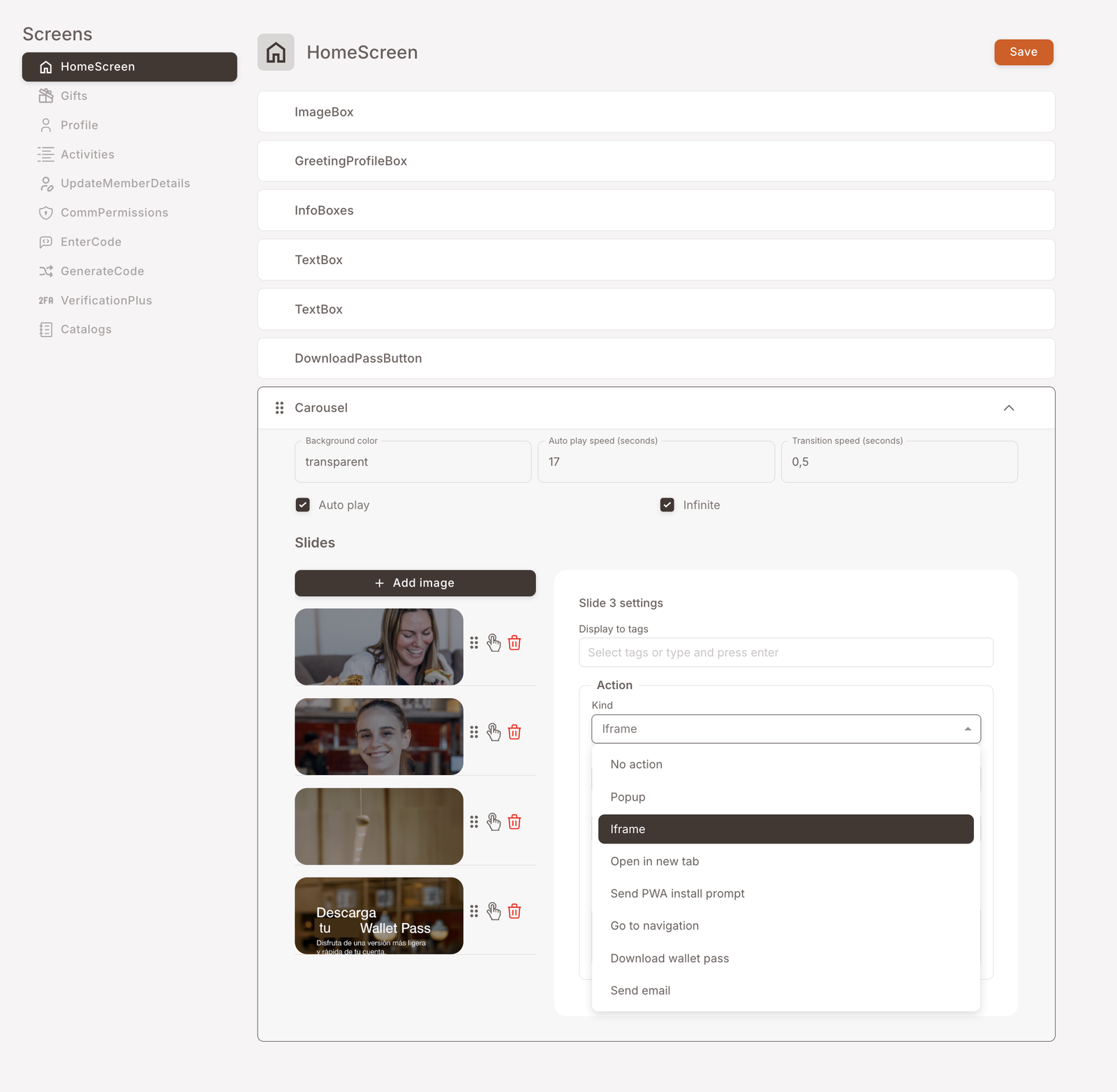 Hub Web Uygulaması ayarları — Screens sol navigasyonu (HomeScreen / Gifts / Profile / Activities / vb.), HomeScreen widget yığını (ImageBox, GreetingProfileBox, InfoBoxes, TextBox, DownloadPassButton, Carousel) ve genişletilmiş Carousel paneli; Background color, Auto play speed, Transition speed, Auto play / Infinite anahtarlarını, küçük resimlerle Slides listesini ve sağda Display-to-tags alanı ve bir Action açılır menüsü (No action, Popup, Iframe, Open in new tab, Send PWA install prompt, Go to navigation, Download wallet pass, Send email) içeren slayt başına ayarları gösteriyor