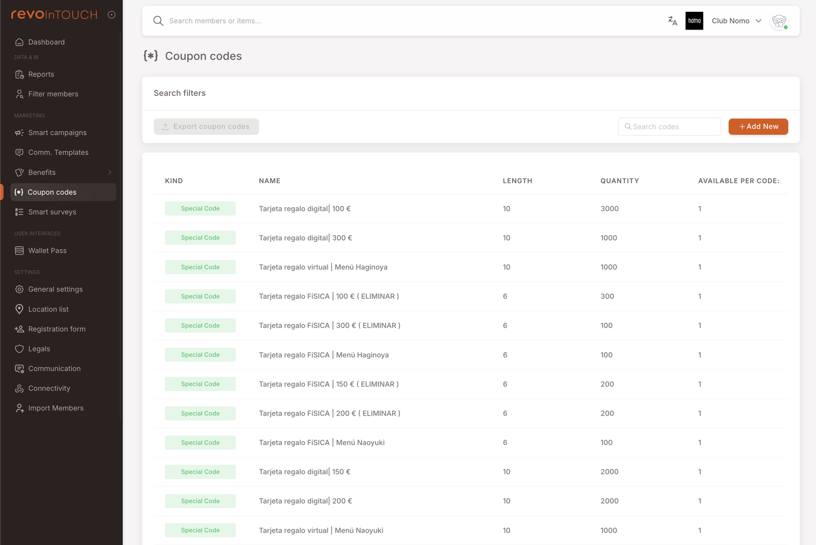 Kupon kodları liste görünümü. "Coupon codes" başlığı, araç çubuğunda Search filters / Export coupon codes / Search codes / + Add New düğmeleri. Tablo sütunları: Kind (tüm satırlar "Special Code" gösterir), Name, Length, Quantity, Available per Code. Satırlar arasında "Tarjeta regalo digital | 100 €" (uzunluk 10, miktar 3000, mevcut 1), "Tarjeta regalo digital | 300 €" (10, 1000, 1), "Tarjeta regalo virtual" (10, 1000, 1), "Tarjeta regalo FISICA | 100 €" (6, 300, 1) ve farklı tutarlardaki benzer varyantlar var.