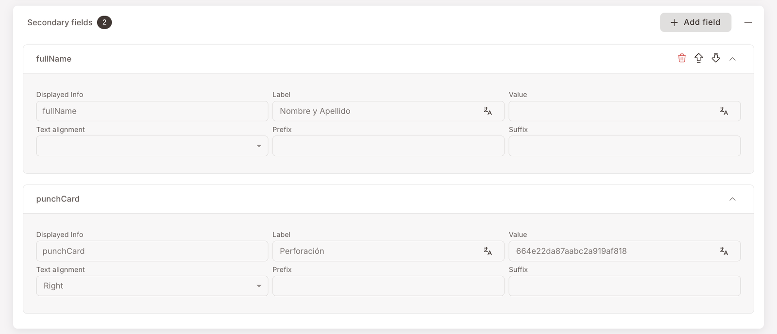 Genişletilmiş Secondary fields — "Nombre y Apellido" etiketli fullName alanı ve "Perforación" etiketli ve belirli bir damga kartı varlık kimliğine bağlı bir Value içeren bir punchCard alanı