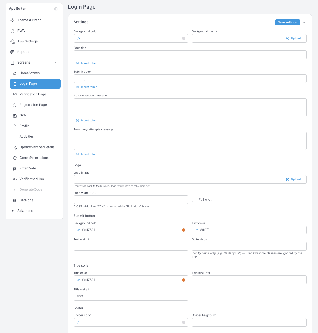 Login Page ayarları — arka plan, sayfa başlığı, gönder butonu, No-connection ve Too-many-attempts mesajları, bir Logo bloğu ve gönder butonu, başlık ve alt bilgi stilleri