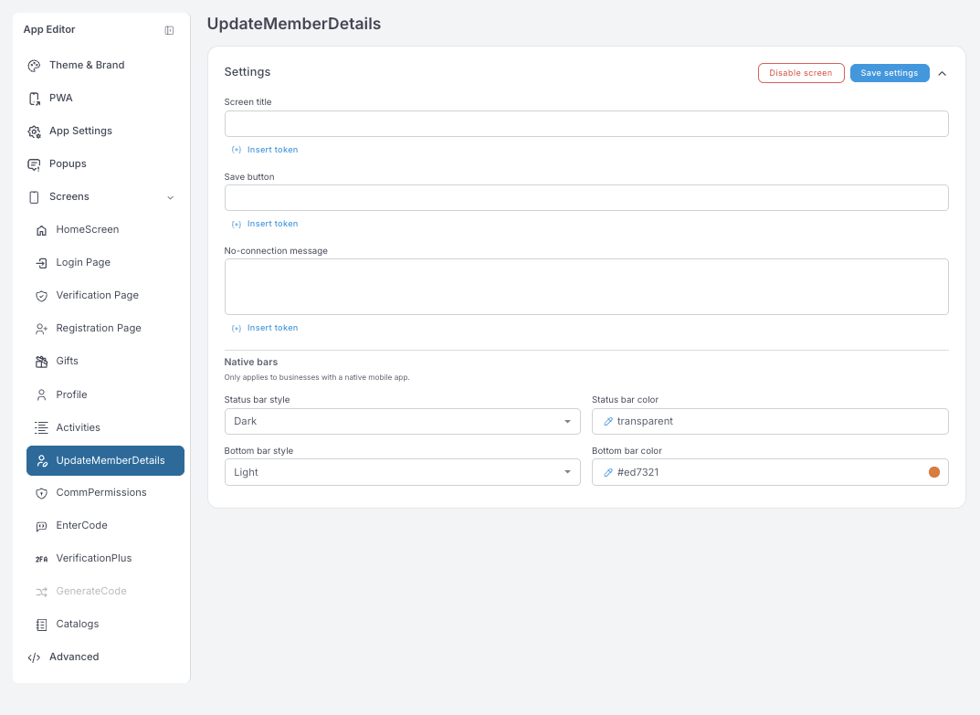 UpdateMemberDetails ayarları — ekran başlığı, kaydet butonu, No-connection mesajı ve Native bars