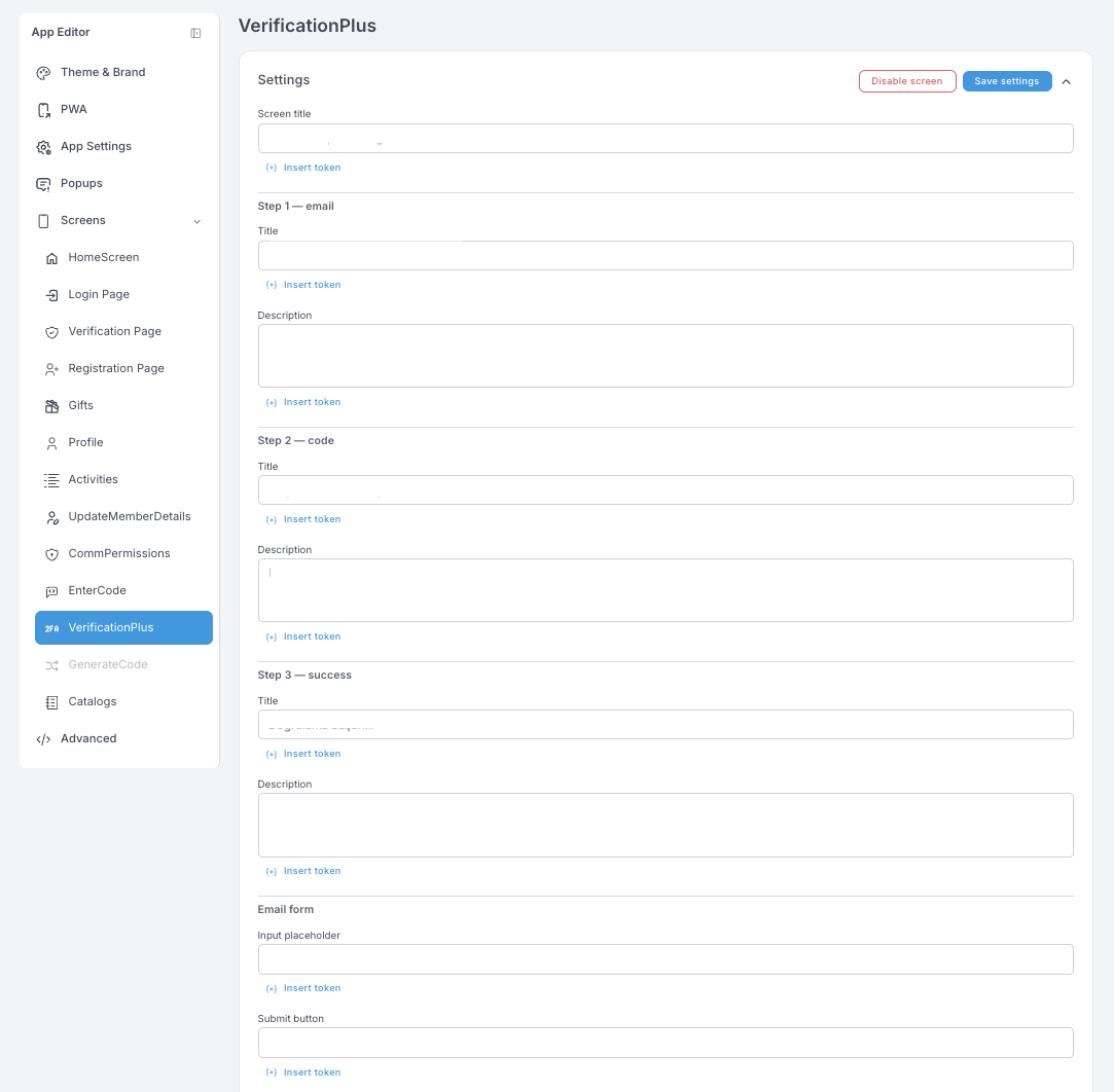 VerificationPlus ayarları — üç adım (e-posta, kod, başarı), her biri bir başlık ve açıklamayla birlikte, ardından e-posta formu alanları
