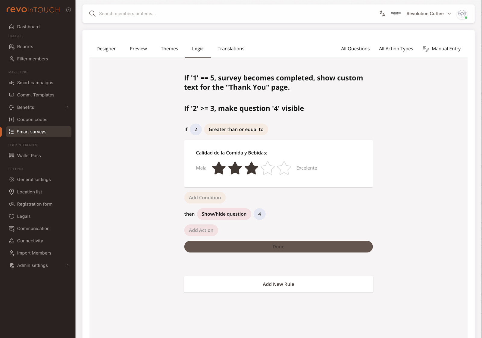 Anket oluşturucudaki Logic sekmesi. Üstteki sekme çubuğu: Designer / Preview / Themes / Logic (seçili) / Translations. Tuval bir kural listesi gösterir — her satır "Eğer <soru> <şudur / şu değildir / şunu içerir> <değer>, o zaman <soruyu atla / soruyu göster / sayfaya git / anketi tamamla>" der. Altta bir Kural ekle düğmesi. Bir kural seçildiğinde sağ panel kural düzenleme kontrollerini gösterir.