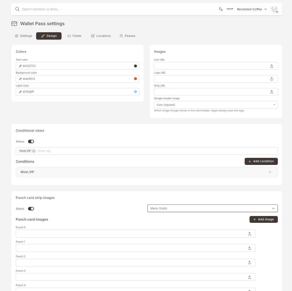 Tasarım sekmesi — Renkler paneli (Yazı rengi, Arka plan rengi, Etiket rengi), Görseller paneli (Icon URL, Logo URL, Strip URL ve Google header image seçici), Koşullu görünümler paneli (Durum açık, Nivel_VIP etiketi yapılandırılmış) ve bir Damga kartı strip görselleri paneli